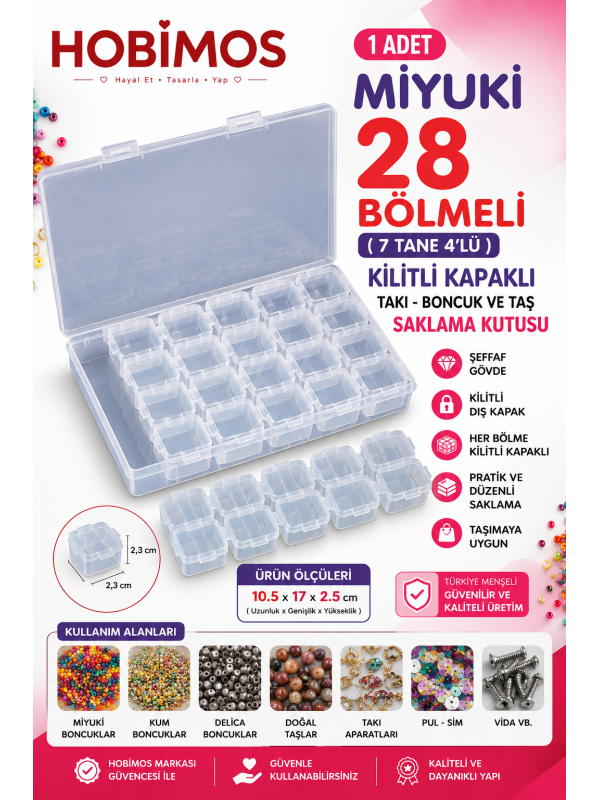1 Adet 28 Bölmeli ( 7 Tane 4'lü ) Kilitli Kapaklı Takı - Boncuk Ve Taş Saklama Kutusu