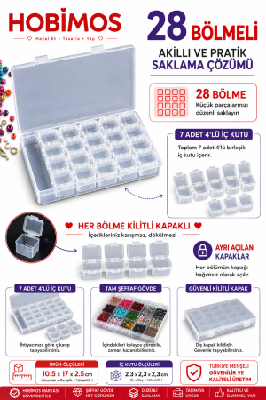 1 Adet 28 Bölmeli ( 7 Tane 4'lü ) Kilitli Kapaklı Takı - Boncuk Ve Taş Saklama Kutusu