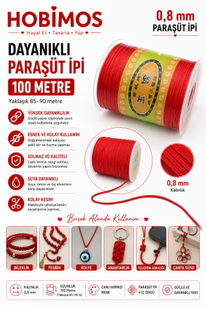 Kırmızı - 0,8 mm 100 Metre Paraşüt İpi, Bileklik, Kolye, Takı İpi