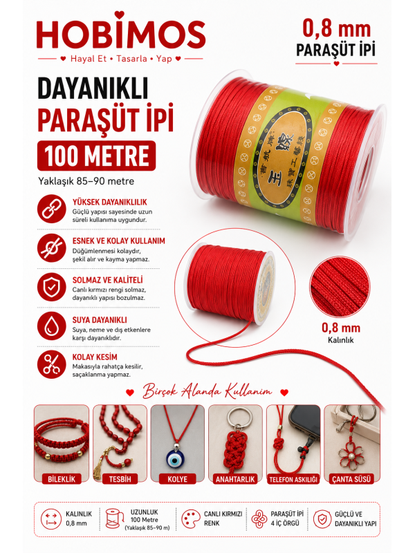 Kırmızı - 0,8 mm 100 Metre Paraşüt İpi, Bileklik, Kolye, Takı İpi Kırmızı - 0,8 mm 100 Metre Paraşüt İpi, Bileklik, Kolye, Takı İpi