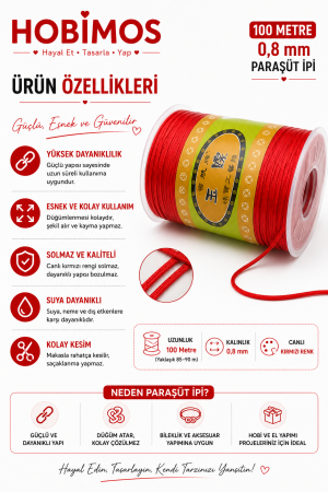 Kırmızı - 0,8 mm 100 Metre Paraşüt İpi, Bileklik, Kolye, Takı İpi