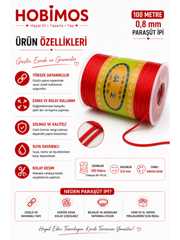 Kırmızı - 0,8 mm 100 Metre Paraşüt İpi, Bileklik, Kolye, Takı İpi Kırmızı - 0,8 mm 100 Metre Paraşüt İpi, Bileklik, Kolye, Takı İpi