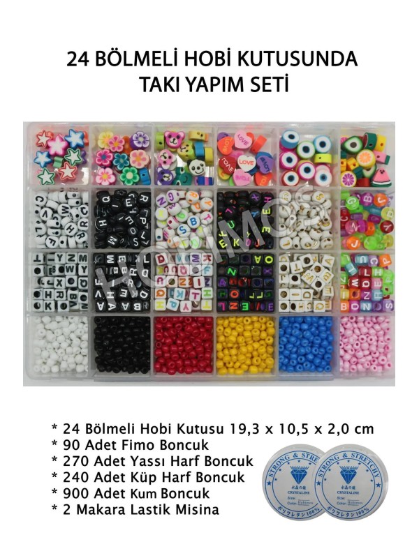 24 Bölmeli Hobi Kutusunda Fimo Boncuk, Harf Boncuk, Kum Boncuk Takı Yapım Seti