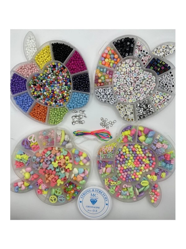 4 Adet Elma Desenli Kutuda Kum Boncuk, Harf Boncuk Ve Figür Boncuk Takı Yapım Seti