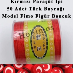 50 Adet Türk Bayrağı Model Fimo Boncuk ve 10 Metre 0,8 mm Kırmızı Paraşüt İpi