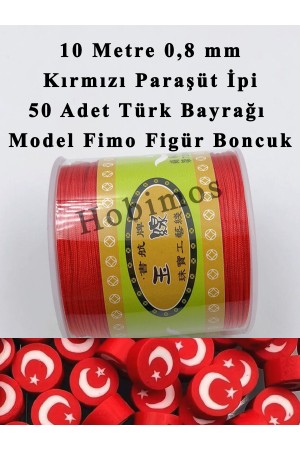 50 Adet Türk Bayrağı Model Fimo Boncuk ve 10 Metre 0,8 mm Kırmızı Paraşüt İpi