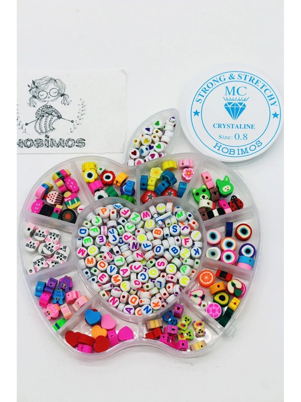 Elma Şekilli 12 Bölmeli Kutuda Polimer Kil Fimo Boncuk Seti